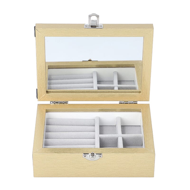 Gold MDF Jewelry Organizer, Storage Box with Lock and Photo frame Lid, Varying compartments For rings, Bracelet, Pendants, and brooches