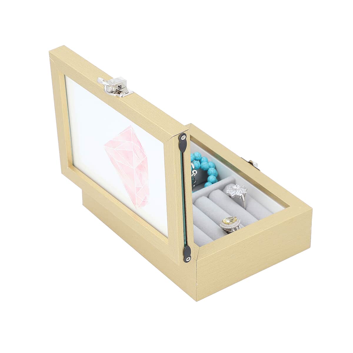 Gold MDF Jewelry Organizer, Storage Box with Lock and Photo frame Lid, Varying compartments For rings, Bracelet, Pendants, and brooches image number 5