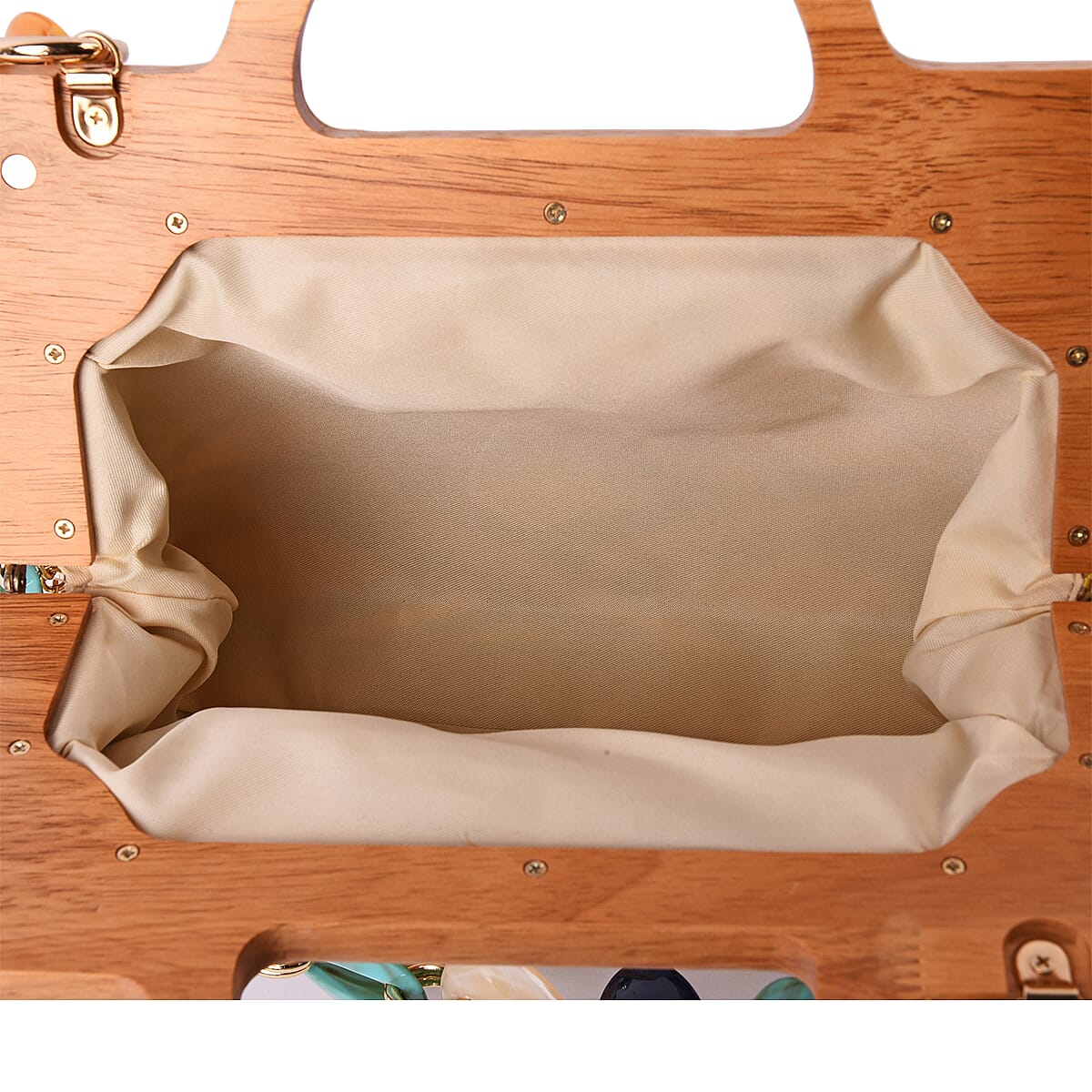 Yellow Lattice Pattern Woven Clutch Bag with Wooden Handle Drop & Magnetic Closure image number 2