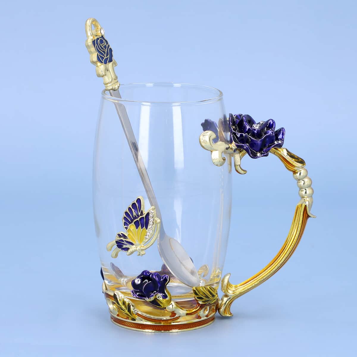 Blue & Gold Floral 3D Enamel Cup with Spoon Set (4.72"x4.92"x2.56") (350 ml) image number 0