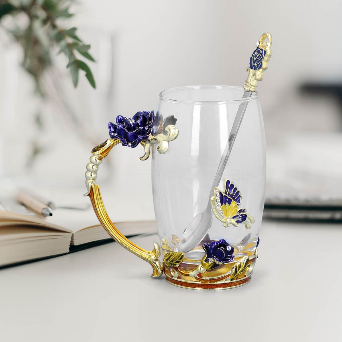 Blue & Gold Floral 3D Enamel Cup with Spoon Set (4.72"x4.92"x2.56") (350 ml) image number 1