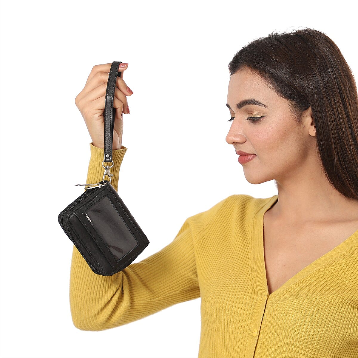 Black Genuine Leather RFID Protected Card Holder with Dual Zipper Closure & Removable Wristlet Handle image number 1