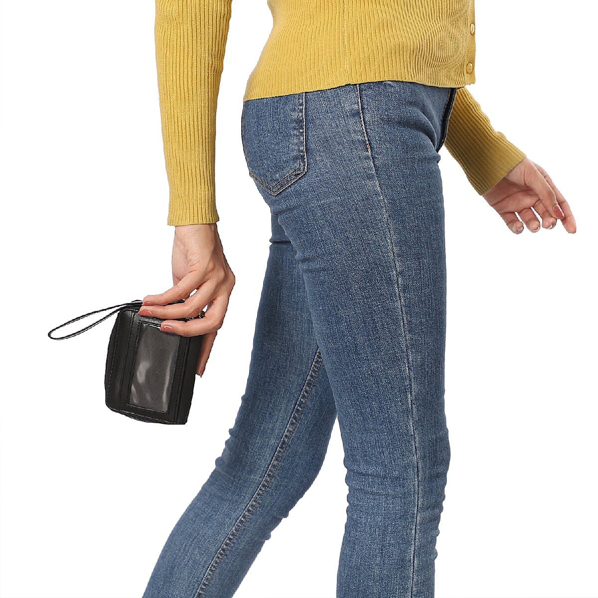 Black Genuine Leather RFID Protected Card Holder with Dual Zipper Closure & Removable Wristlet Handle image number 2