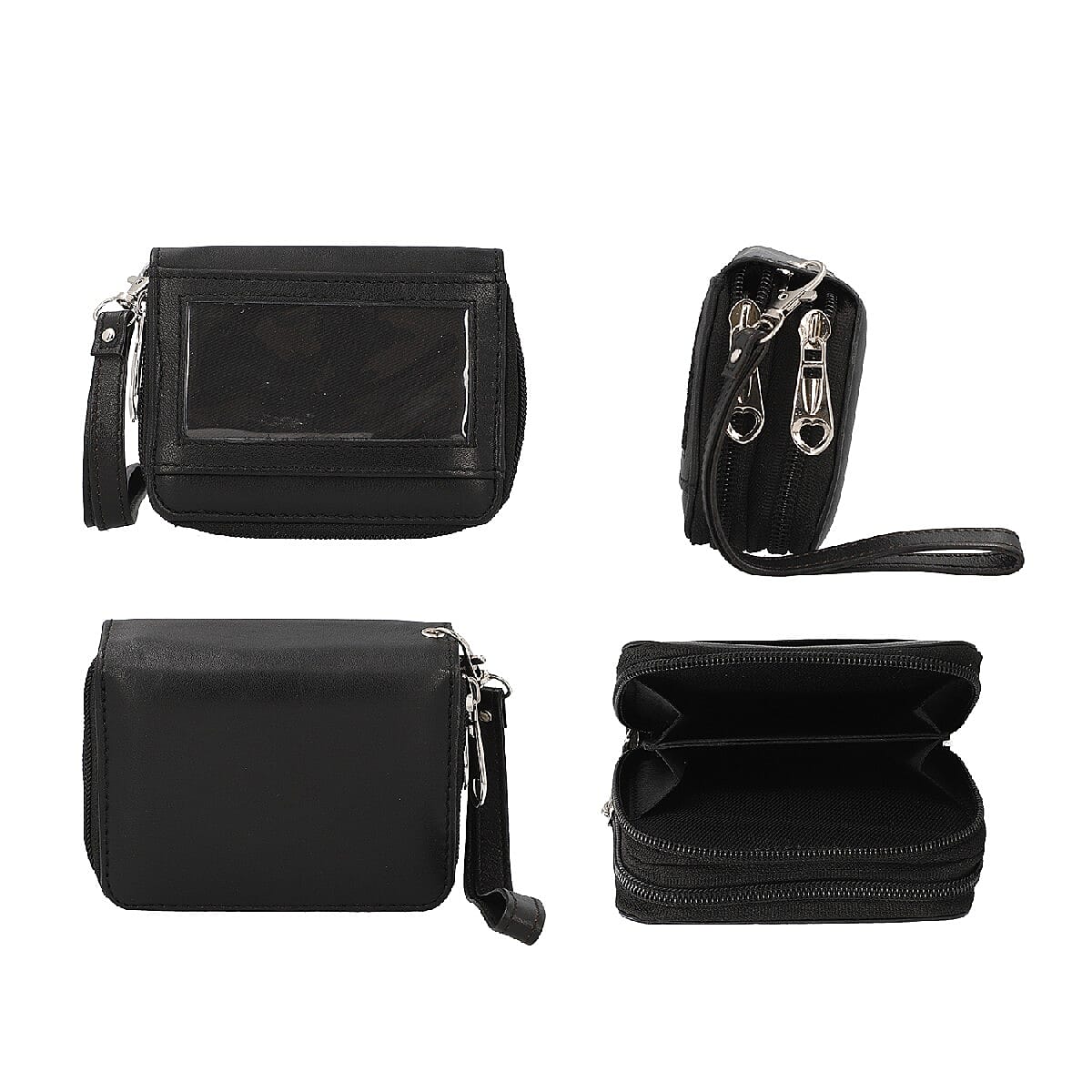 Black Genuine Leather RFID Protected Card Holder with Dual Zipper Closure & Removable Wristlet Handle image number 3
