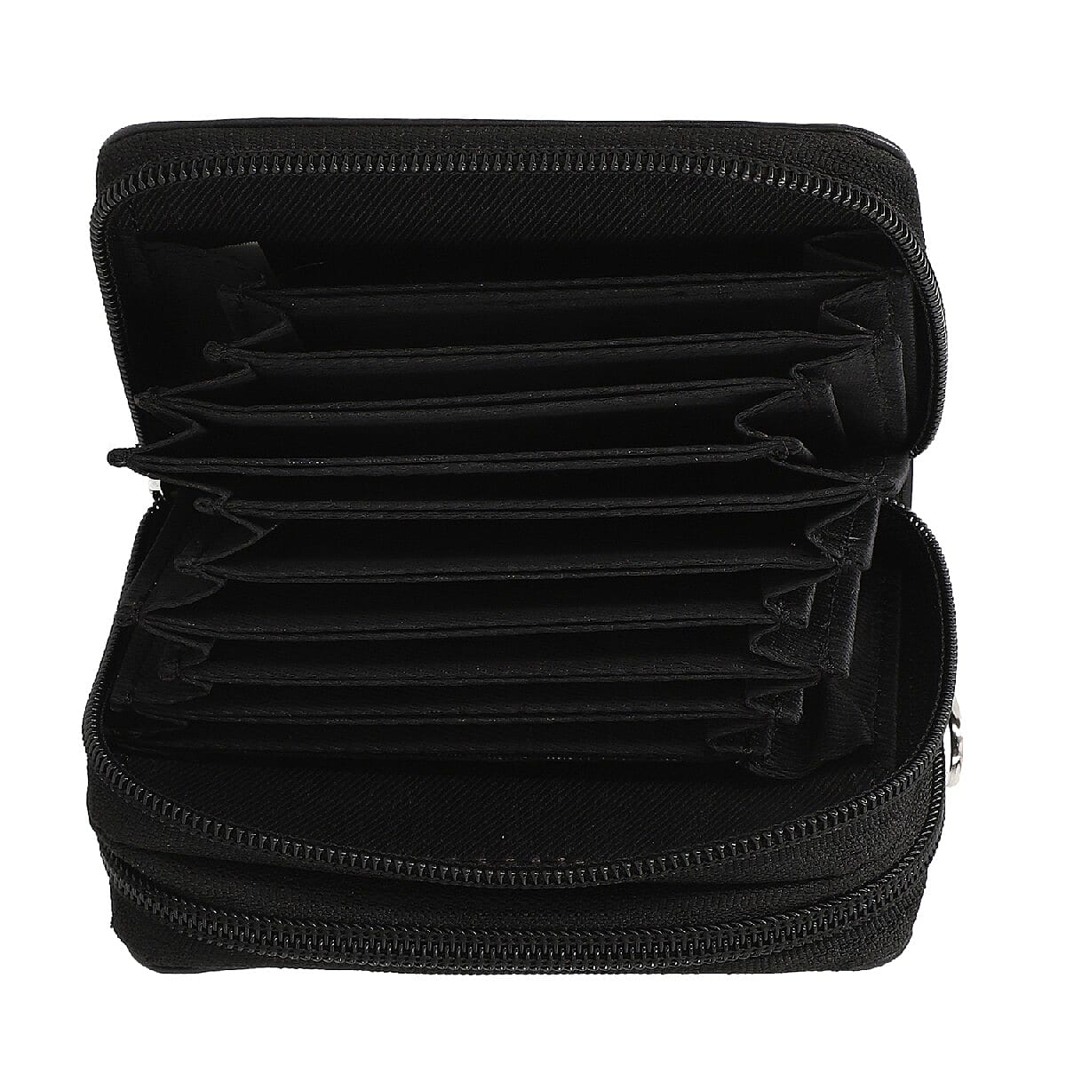 Black Genuine Leather RFID Protected Card Holder with Dual Zipper Closure & Removable Wristlet Handle image number 4