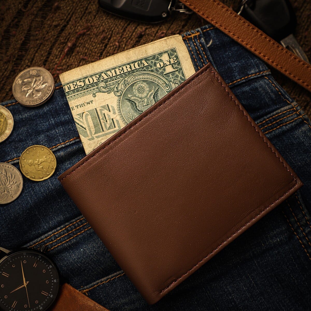 Brown 100% Genuine Leather RFID Protected Bi-Fold Men's Wallet (4.5x4) image number 1