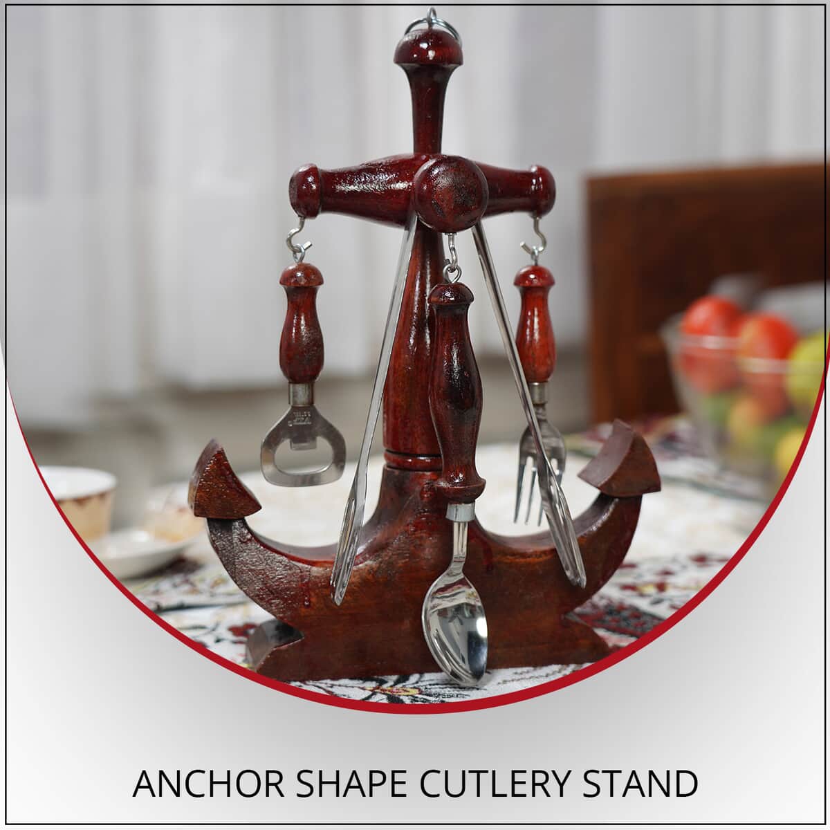 Handcrafted Mango Anchor Shape Cutlery Stand with Stainless Steel Spoon, Fork, Bottle Opener, Steel Tong set image number 1