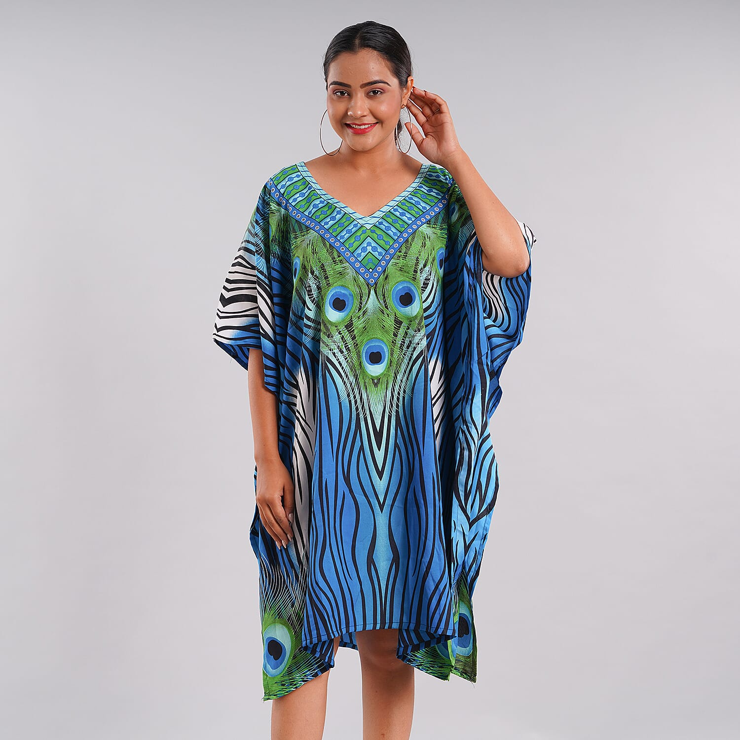 Marva's Personal Pick JOVIE Turquoise Peacock V-Neck Kaftan - One Size Fits Most