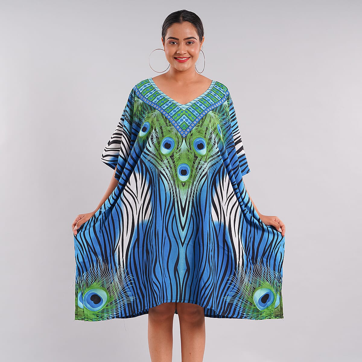 Marva's Personal Pick JOVIE Turquoise Peacock V-Neck Kaftan - One Size Fits Most image number 1