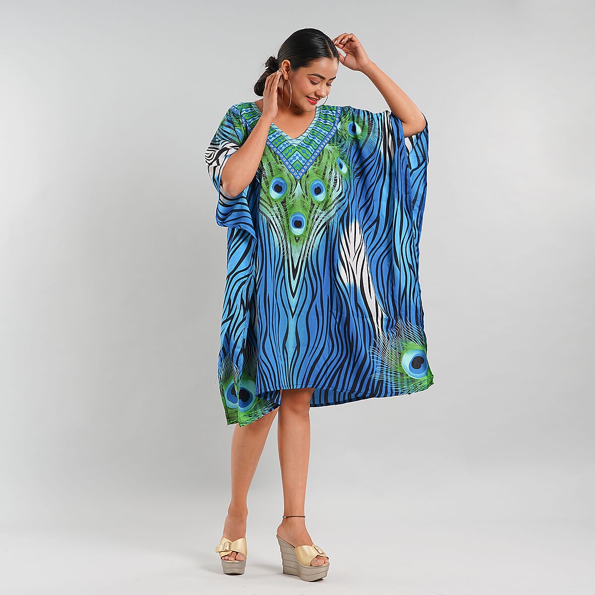 Marva's Personal Pick JOVIE Turquoise Peacock V-Neck Kaftan - One Size Fits Most image number 3