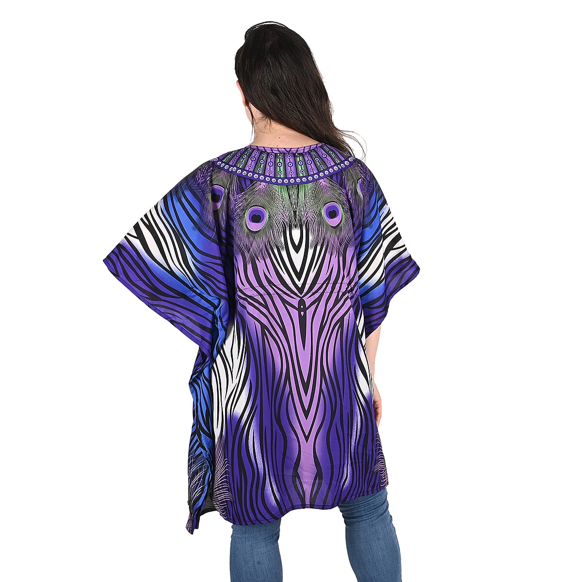 JOVIE Indigo Peacock V-Neck Kaftan with Drawstring Waist Tie - One Size Fits Most image number 1