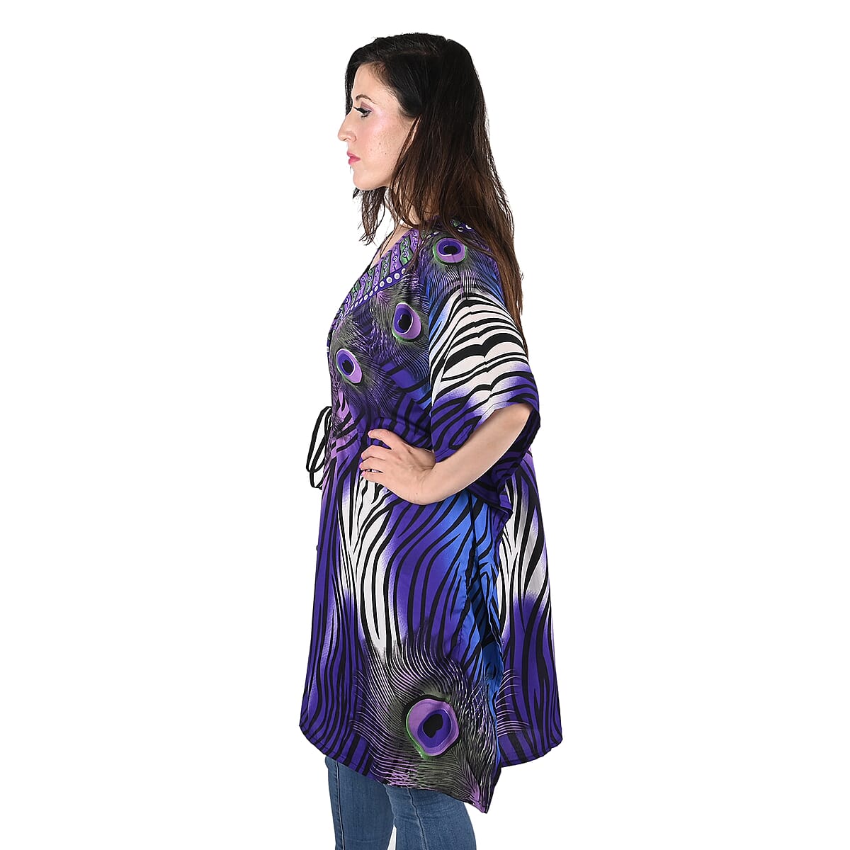 JOVIE Indigo Peacock V-Neck Kaftan with Drawstring Waist Tie - One Size Fits Most image number 2