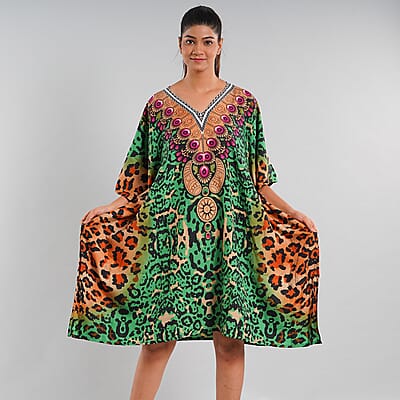 JOVIE Green Cheetah V-Neck Kaftan - One Size Fits Most