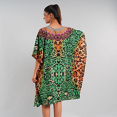JOVIE Green Cheetah V-Neck Kaftan - One Size Fits Most