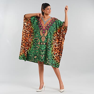 JOVIE Green Cheetah V-Neck Kaftan - One Size Fits Most