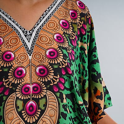 JOVIE Green Cheetah V-Neck Kaftan - One Size Fits Most