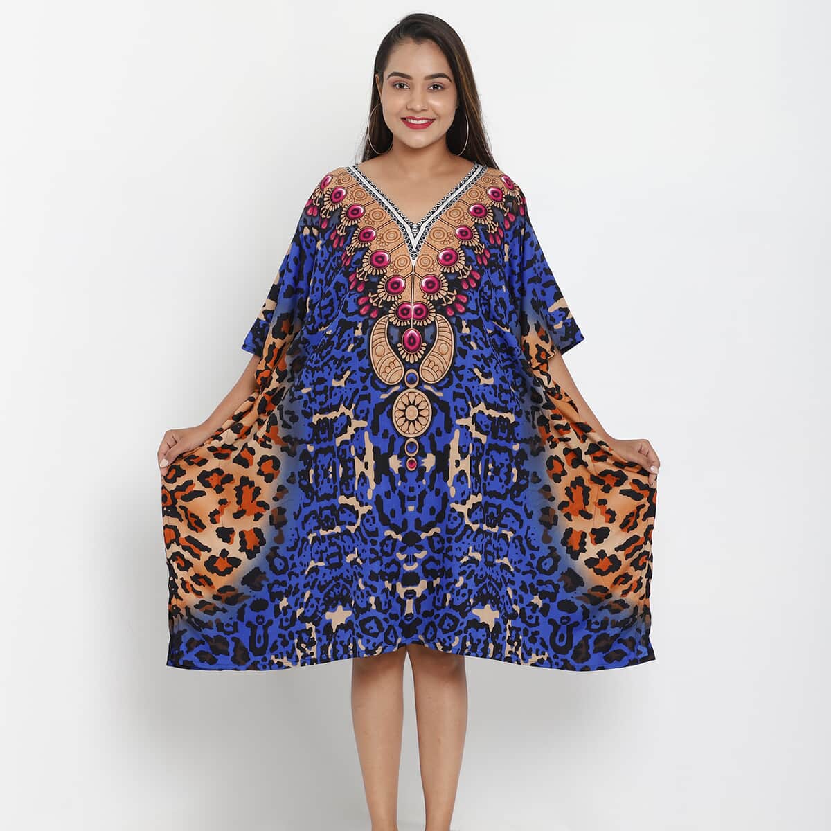 JOVIE Blue Cheetah V-Neck Kaftan - One Size Fits Most image number 1