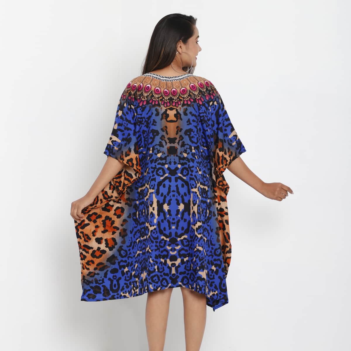 JOVIE Blue Cheetah V-Neck Kaftan - One Size Fits Most image number 2