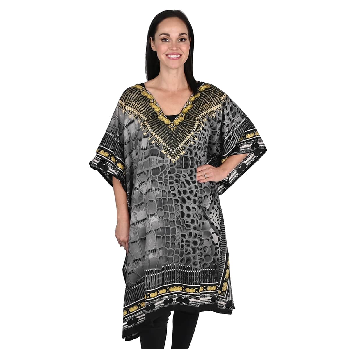 PICK OF THE SHOW JOVIE Grey Reptile/Leopard V-Neck Kaftan - One Size Fits Most image number 0