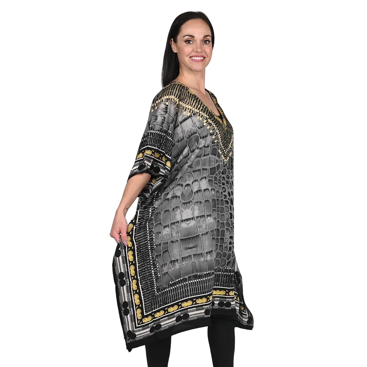 PICK OF THE SHOW JOVIE Grey Reptile/Leopard V-Neck Kaftan - One Size Fits Most image number 2