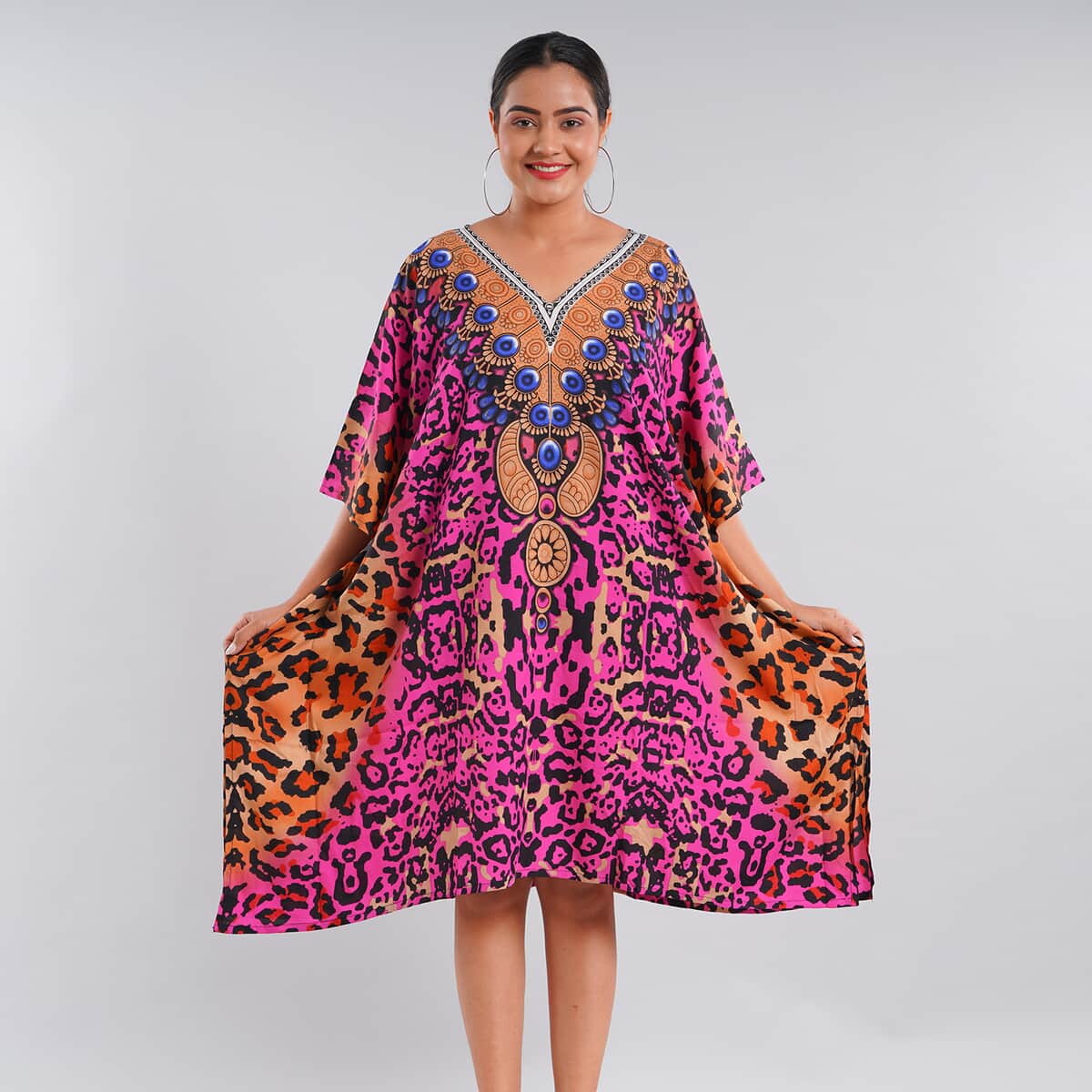 JOVIE Pink Cheetah V-Neck Kaftan - One Size Fits Most image number 1