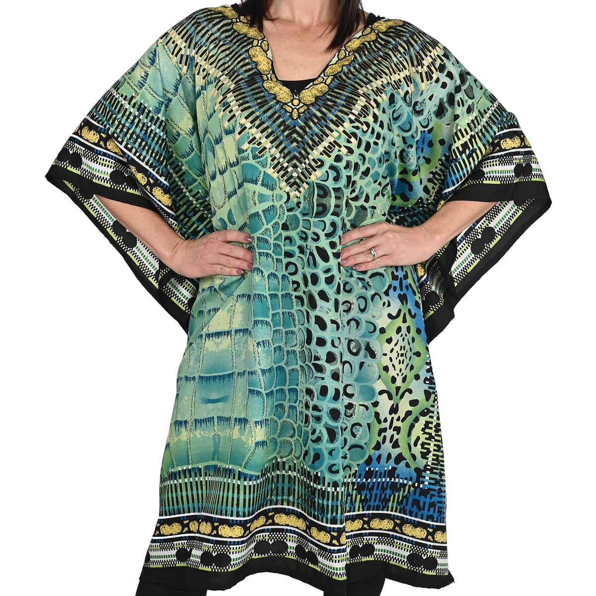 JOVIE Green Reptile/Leopard V-Neck Kaftan Dress - One Size Fits Most, Holiday Dress, Swimsuit Cover Up, Beach Cover Ups, Holiday Clothes image number 3