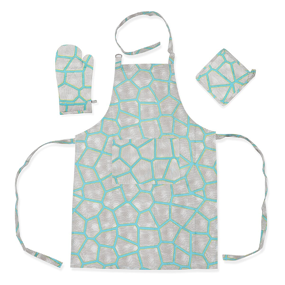 Aqua Cotton Geometric Printed Set of Apron, Glove and Pot Holder image number 4