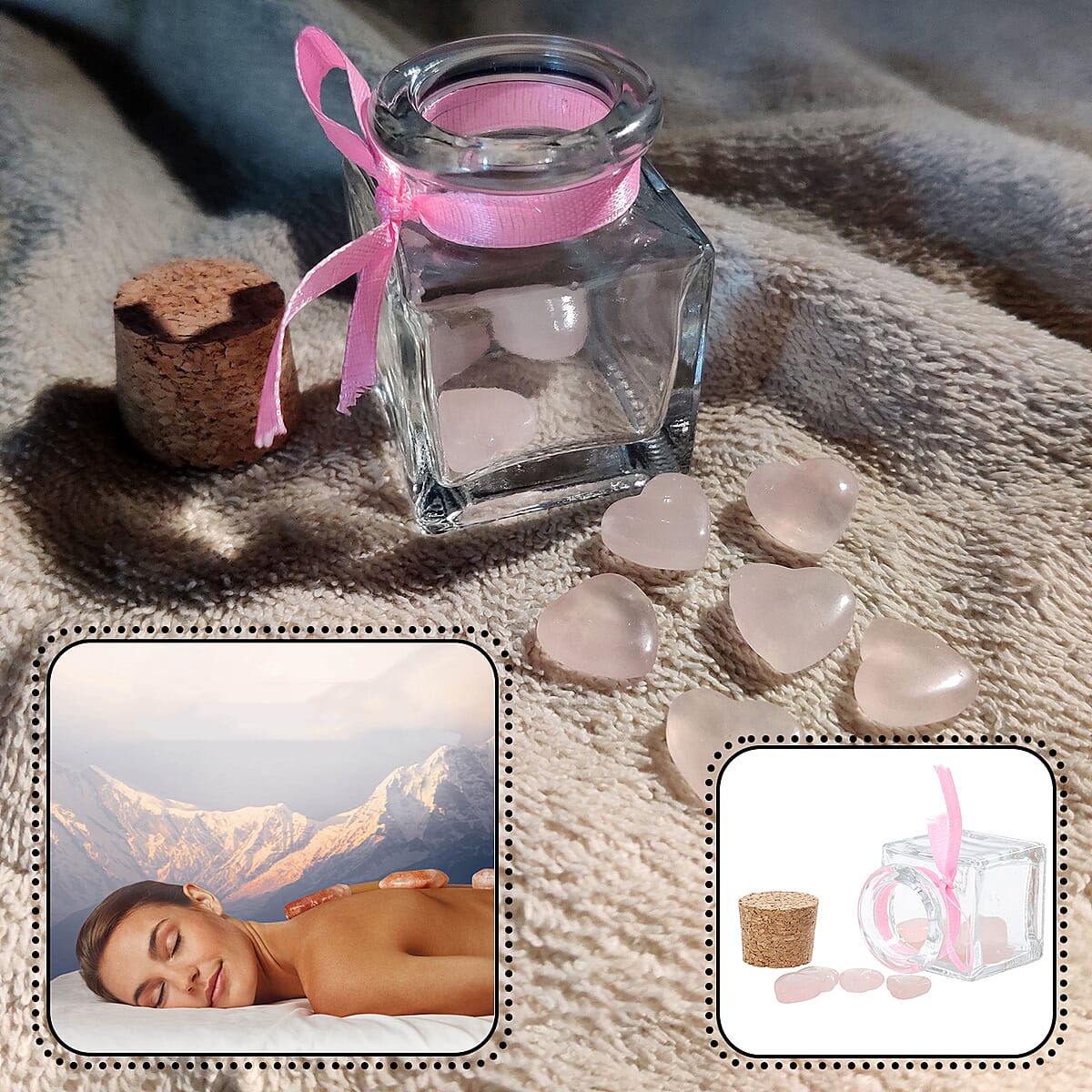 11 pc Mini Rose Quartz Heart Crystals and Gemstones in Wish Glass Bottle Jar image number 1