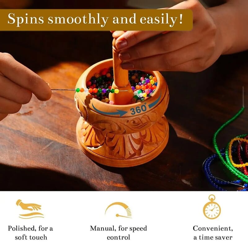 Seed Bead Spinner with Big Eye Beading Needle, Wooden Spin and String Beading Spinner Jewellery Making Tool with Curved Needle
