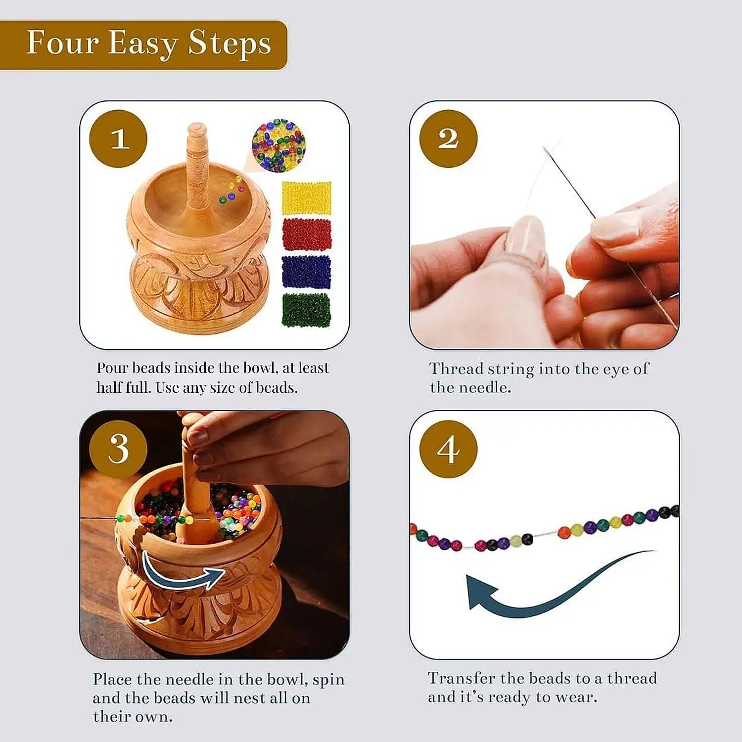 Seed Bead Spinner with Big Eye Beading Needle, Wooden Spin and String Beading Spinner Jewellery Making Tool with Curved Needle