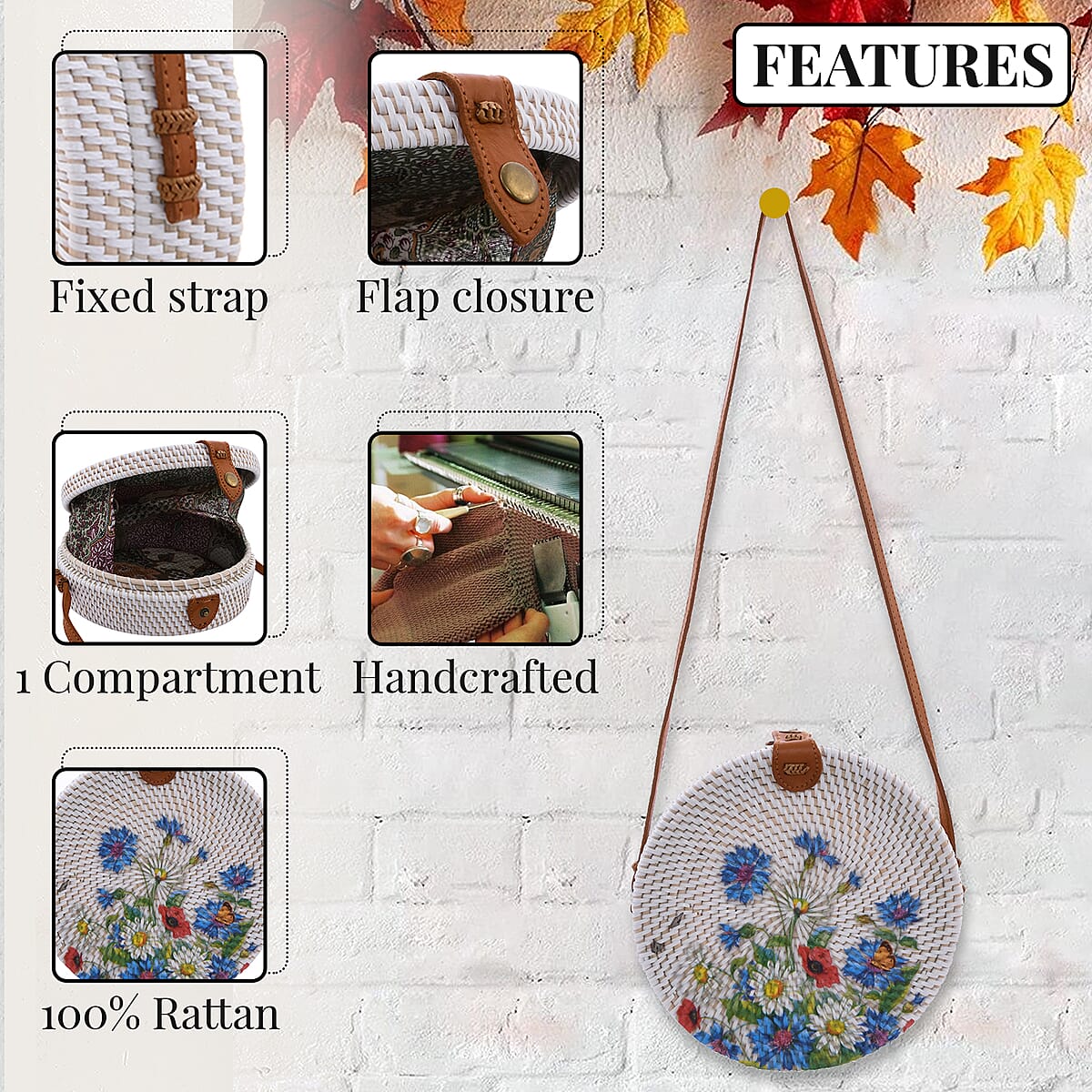 Handcrafted Flower Garden Pattern Round Rattan Crossbody Bag with Genuine Leather Strap image number 1