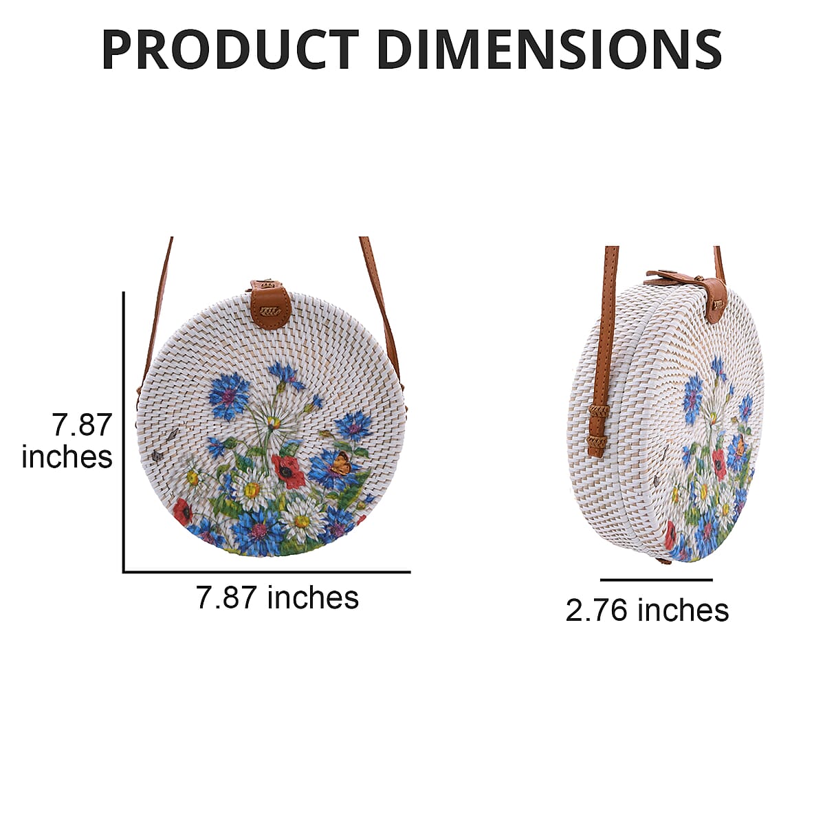 Handcrafted Flower Garden Pattern Round Rattan Crossbody Bag with Genuine Leather Strap image number 2
