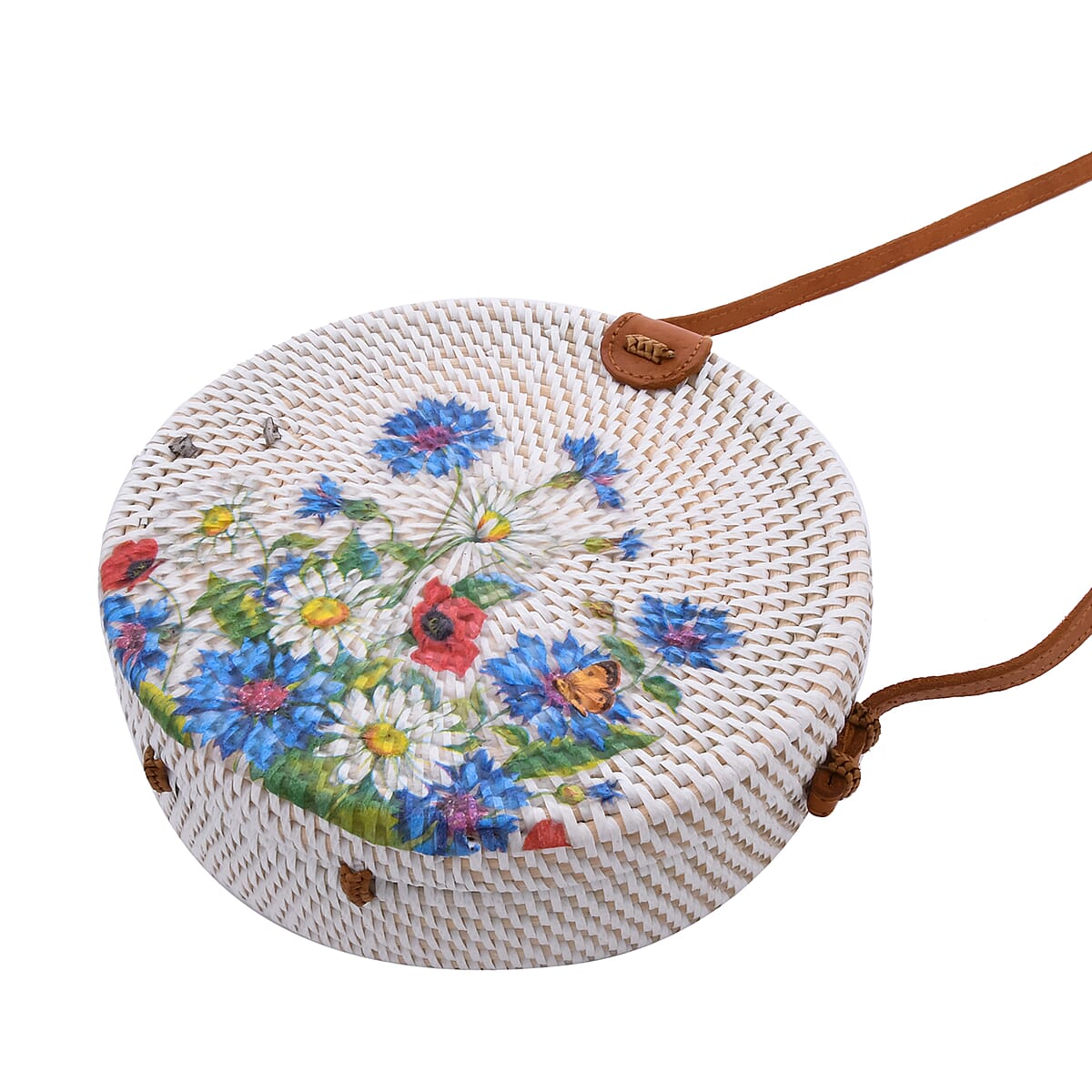 Handcrafted Flower Garden Pattern Round Rattan Crossbody Bag with Genuine Leather Strap image number 3