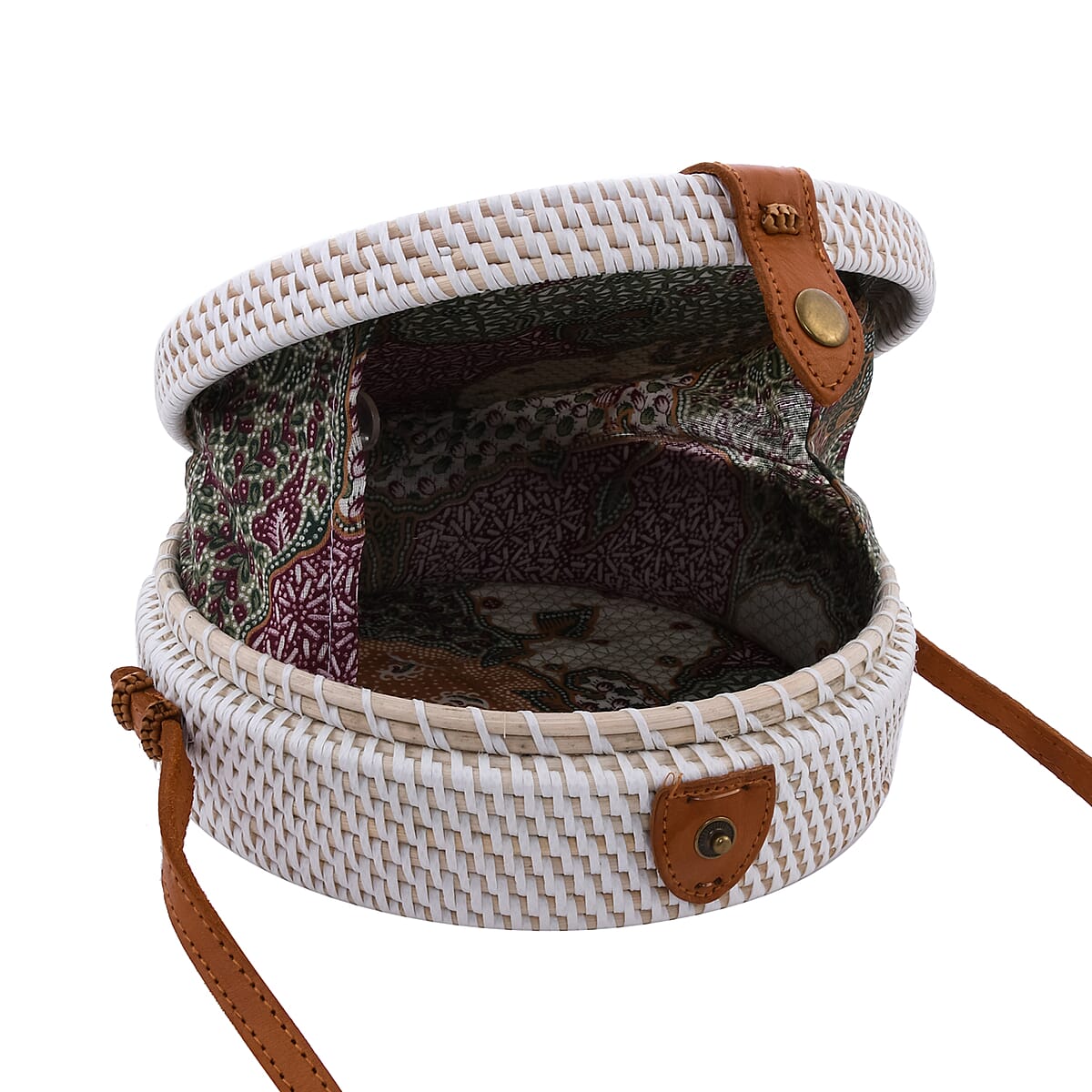 Handcrafted Flower Garden Pattern Round Rattan Crossbody Bag with Genuine Leather Strap image number 4
