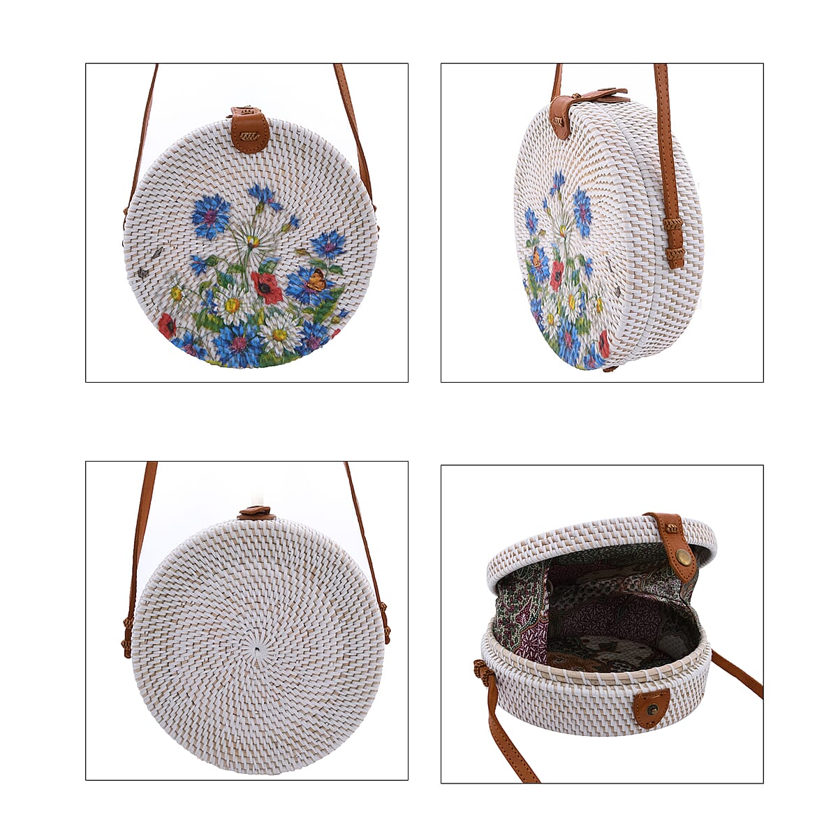 Handcrafted Flower Garden Pattern Round Rattan Crossbody Bag with Genuine Leather Strap image number 5