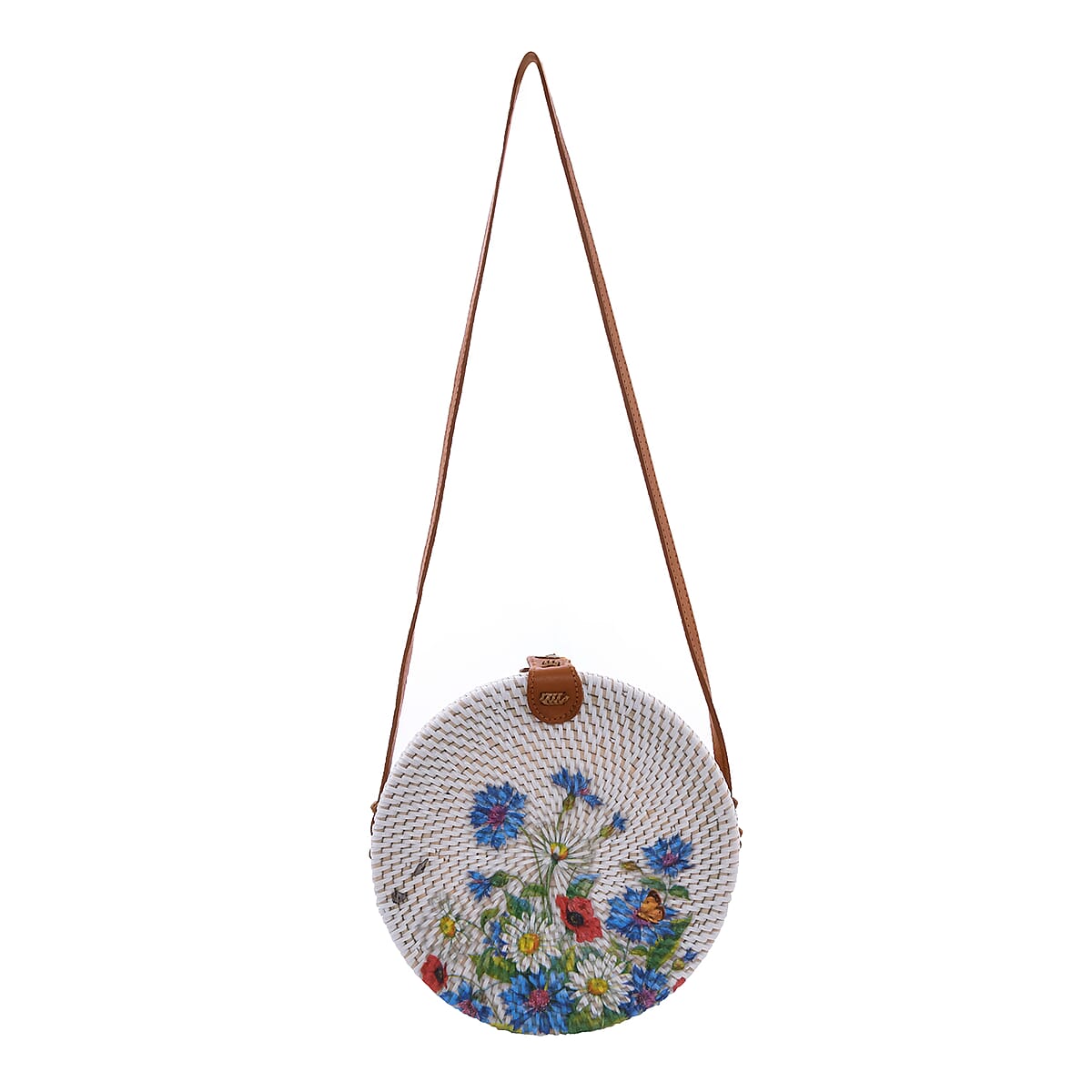 Handcrafted Flower Garden Pattern Round Rattan Crossbody Bag with Genuine Leather Strap image number 6