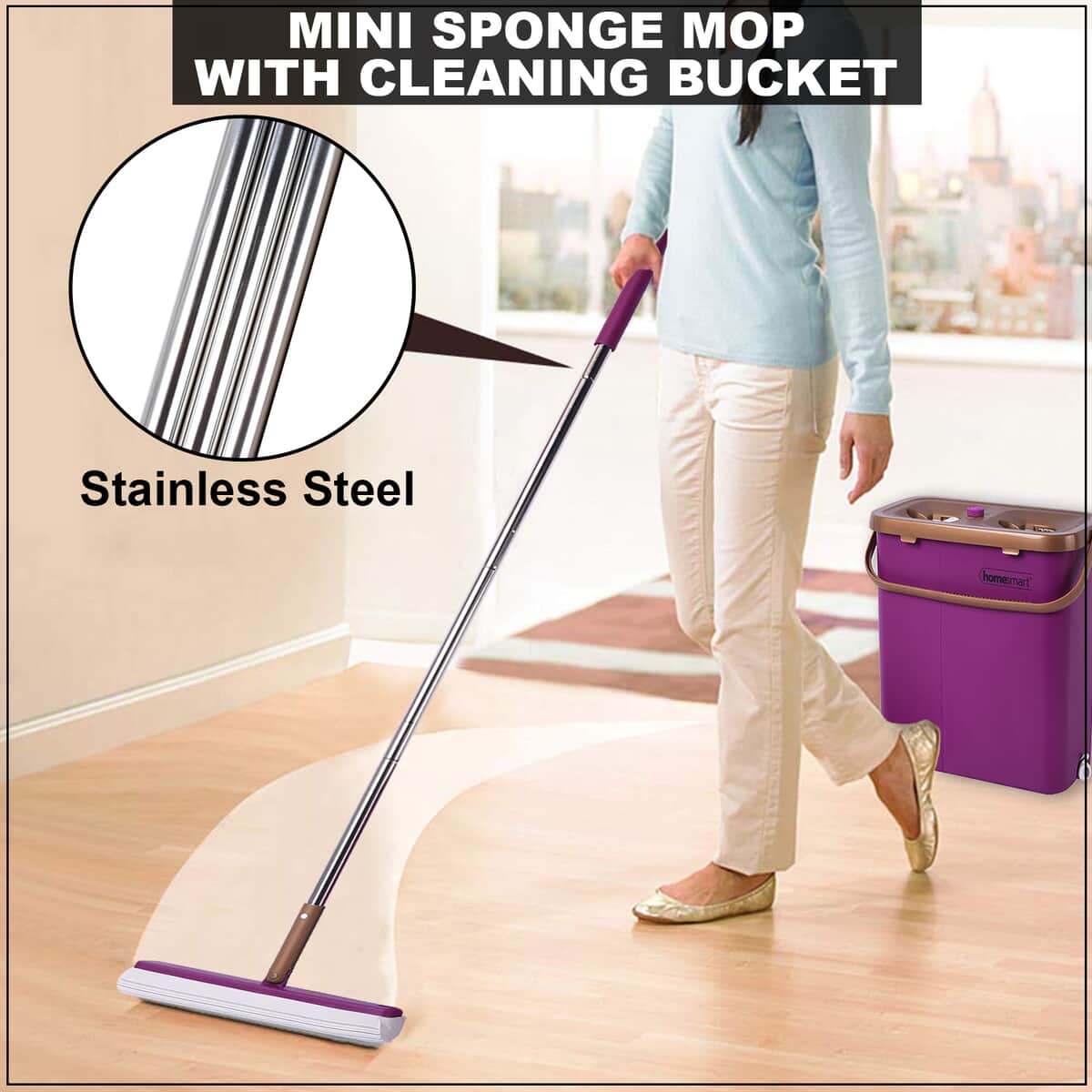 HOMESMART PVA & Stainless Steel Mini Sponge Mop with Cleaning Bucket - Purple & Gold image number 1