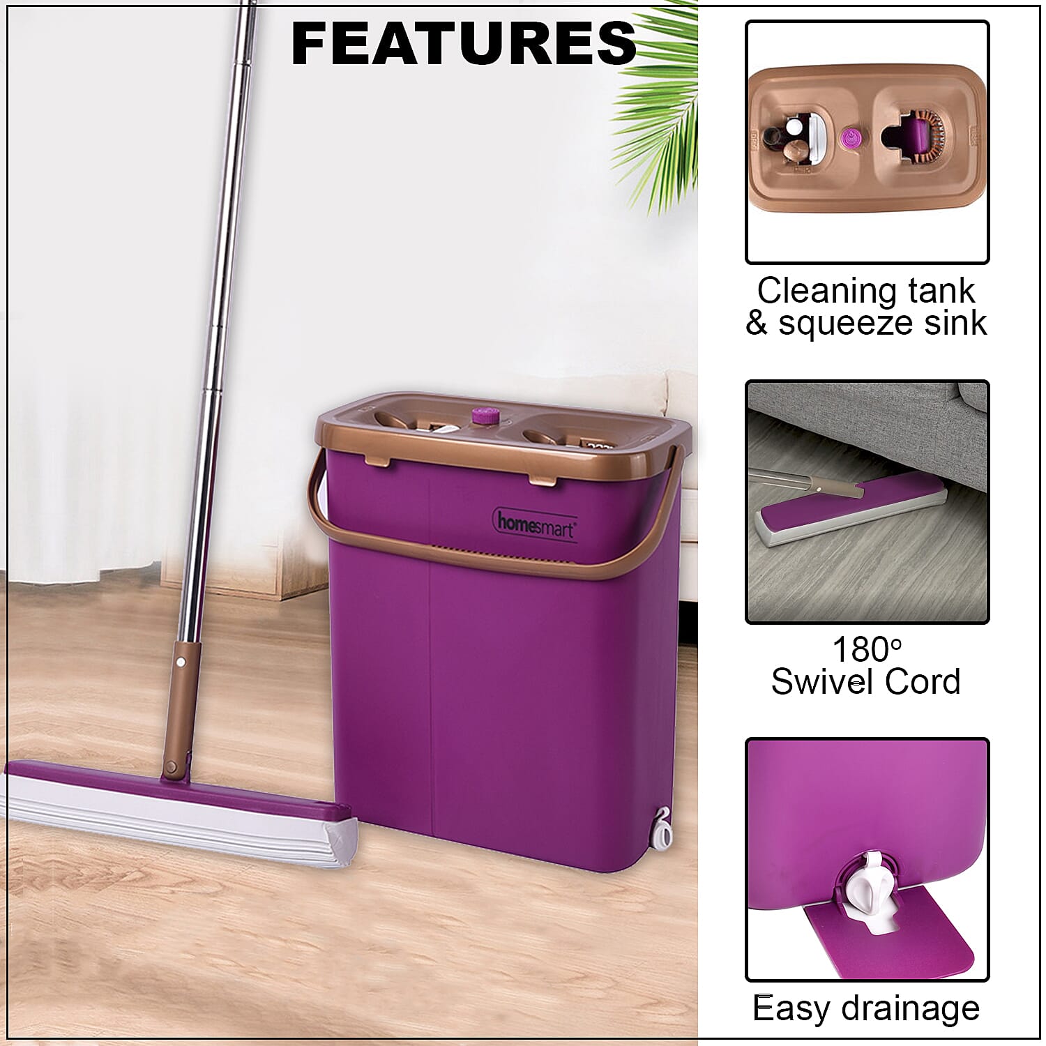 Homesmart PVA & Stainless Steel Mini Sponge Mop with Cleaning Bucket - Purple & Gold