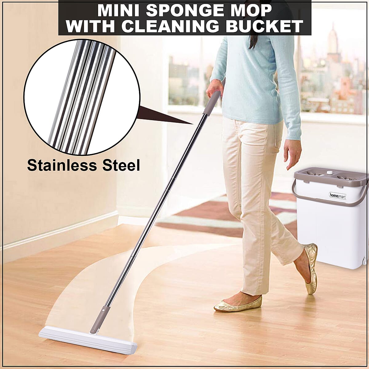 Homesmart PVA & Stainless Steel Mini Sponge Mop with Cleaning Bucket - White & Gold image number 1