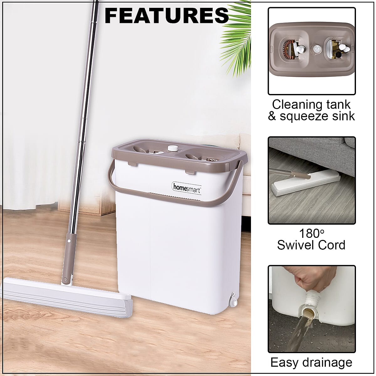 Homesmart PVA & Stainless Steel Mini Sponge Mop with Cleaning Bucket - White & Gold image number 2