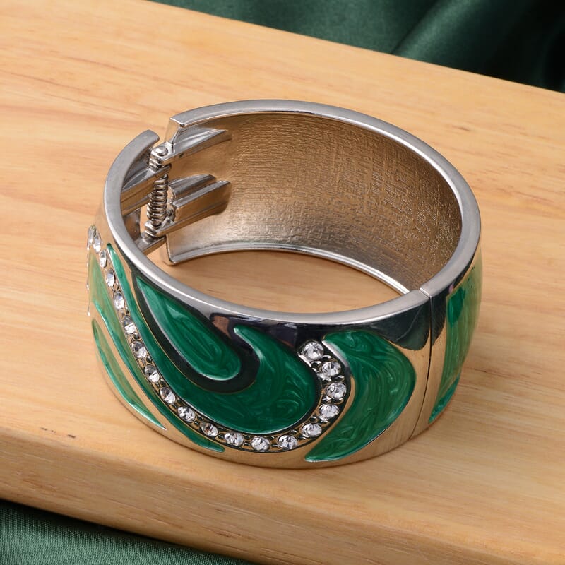 White Austrian Crystal and Green Enameled Bangle Bracelet in Silvertone (7.25 In)