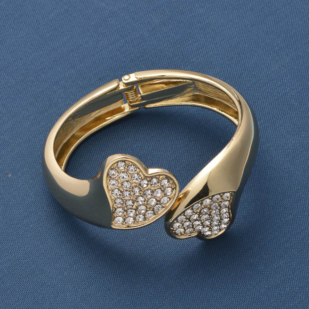 White Austrian Crystal Heart Cuff Bracelet in Goldtone (6.50 In) image number 1