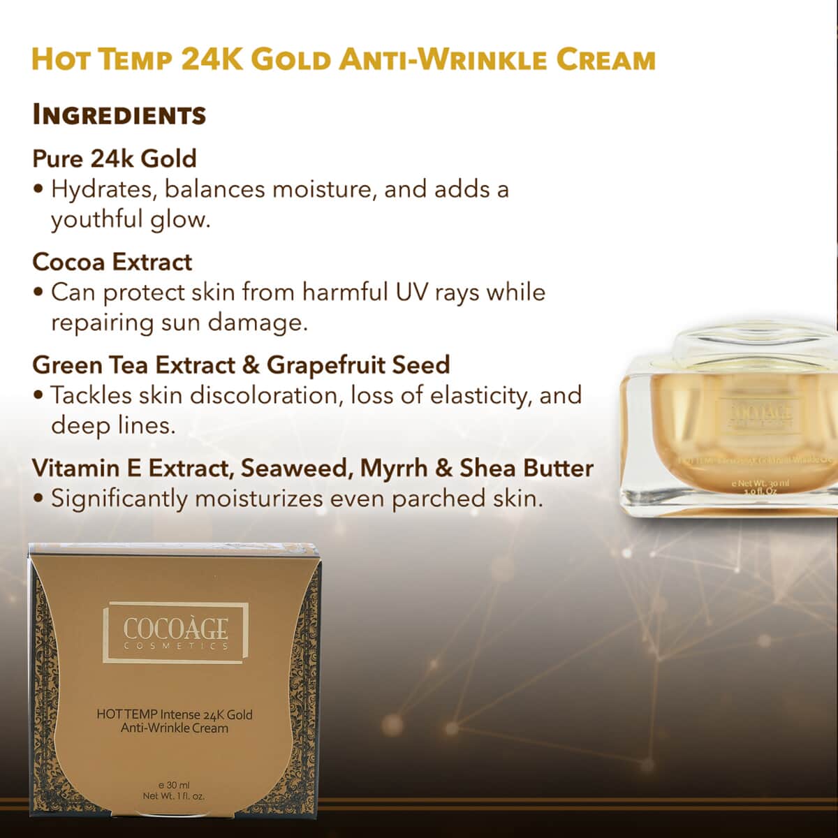 Cocoage Cosmetics Hot Temp 24K Gold & Cacao Anti-Wrinkle Anti aging Cream 1oz image number 2