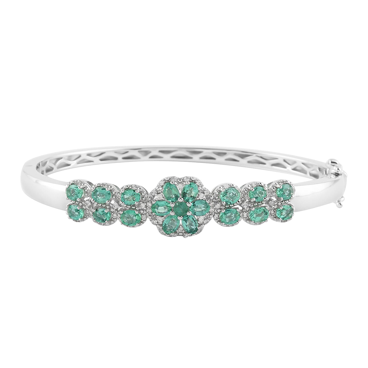 AAA Kagem Emerald and White Zircon Bracelet in Rhodium Over Sterling Silver (7.25 In) 3.27 ctw