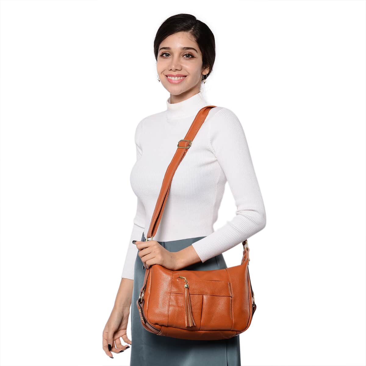 Brown Genuine Leather Crossbody Bag with Tassel & Shoulder Strap image number 1