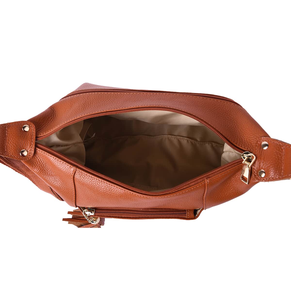Brown Genuine Leather Crossbody Bag with Tassel & Shoulder Strap image number 3