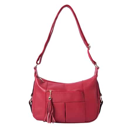 Leather Bag Red Crossbody Women Tote Handbag With Tassel 