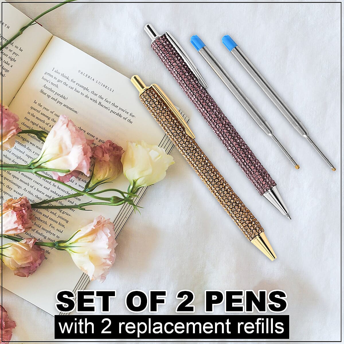 Set of 2 Pink and Gold Artificial Diamond Pens with 2 Replacement Ink image number 1