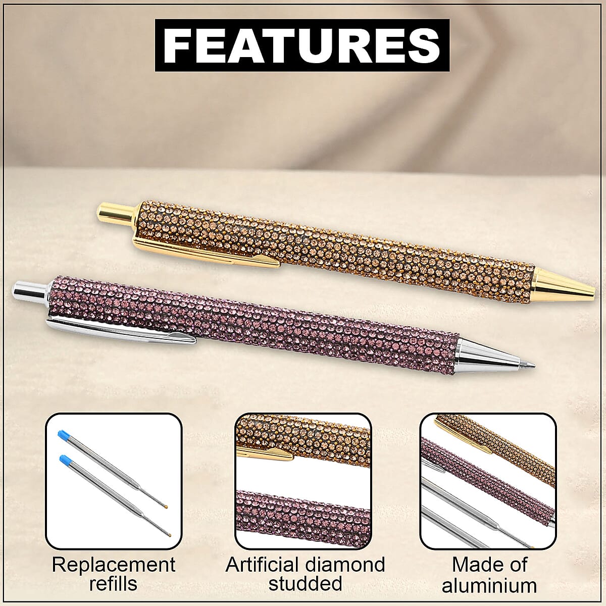 Set of 2 Pink and Gold Artificial Diamond Pens with 2 Replacement Ink image number 2