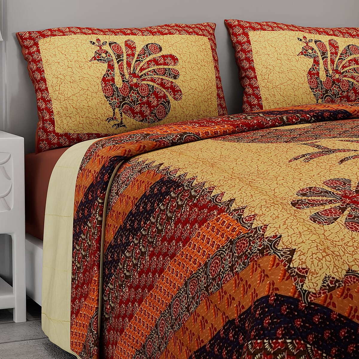 Multi Color Peacock Printed 100% Cotton Hand Quilted, Hand Stitched Quilt and 2pcs Pillow Sham image number 1